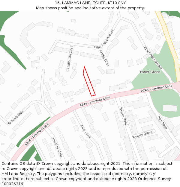 16, LAMMAS LANE, ESHER, KT10 8NY: Location map and indicative extent of plot