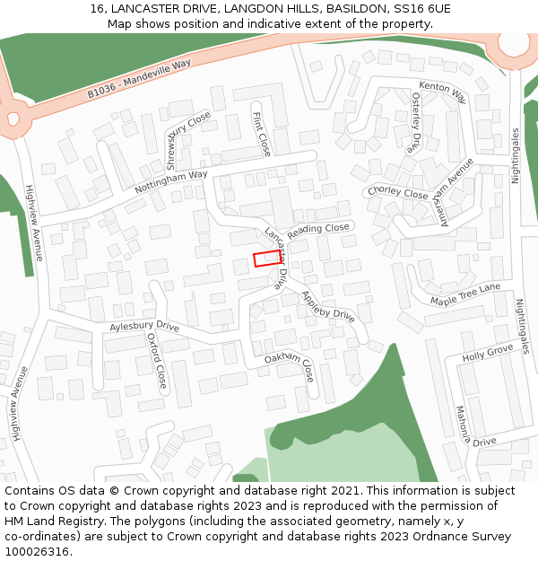 16, LANCASTER DRIVE, LANGDON HILLS, BASILDON, SS16 6UE: Location map and indicative extent of plot