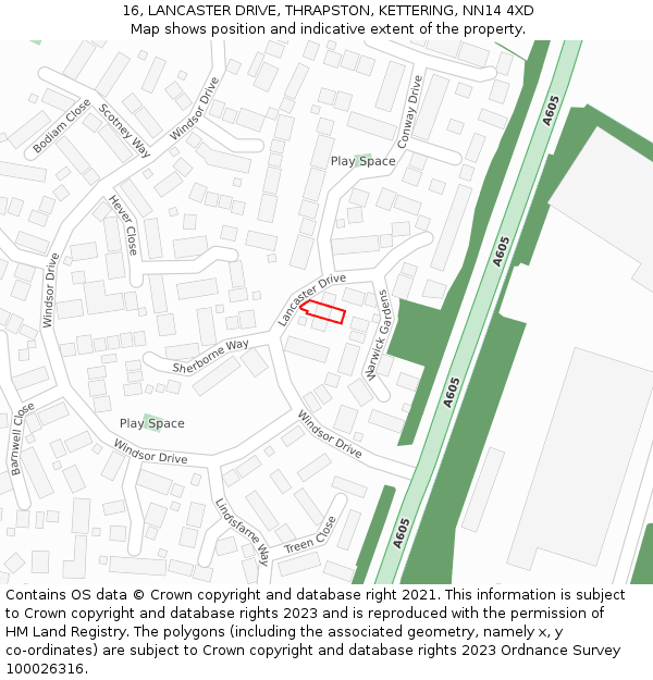 16, LANCASTER DRIVE, THRAPSTON, KETTERING, NN14 4XD: Location map and indicative extent of plot