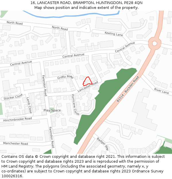 16, LANCASTER ROAD, BRAMPTON, HUNTINGDON, PE28 4QN: Location map and indicative extent of plot