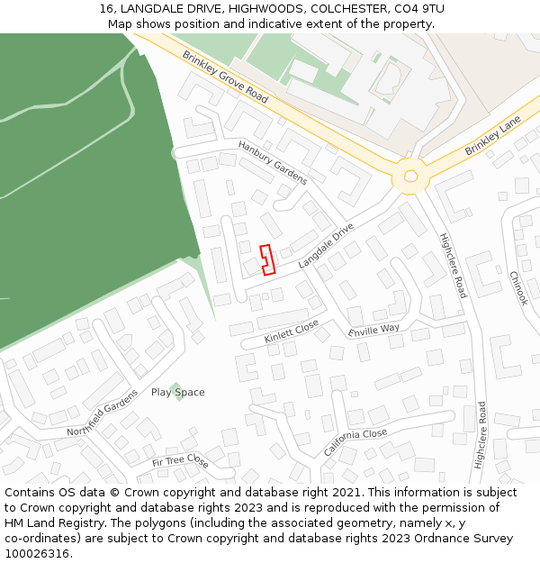 16, LANGDALE DRIVE, HIGHWOODS, COLCHESTER, CO4 9TU: Location map and indicative extent of plot