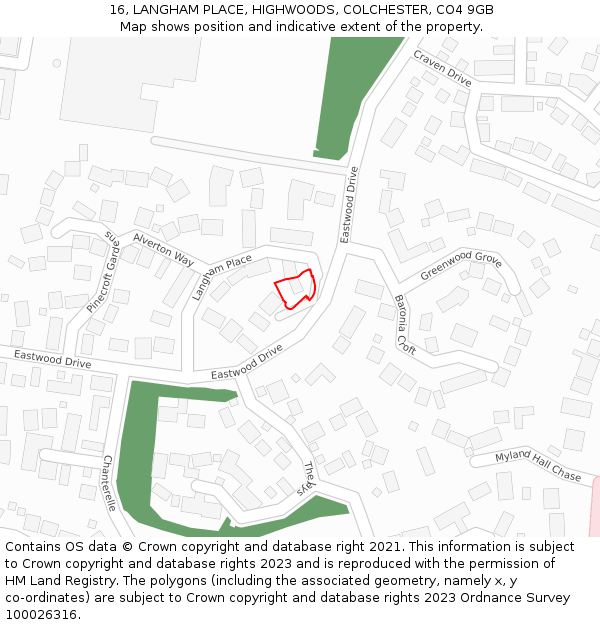 16, LANGHAM PLACE, HIGHWOODS, COLCHESTER, CO4 9GB: Location map and indicative extent of plot