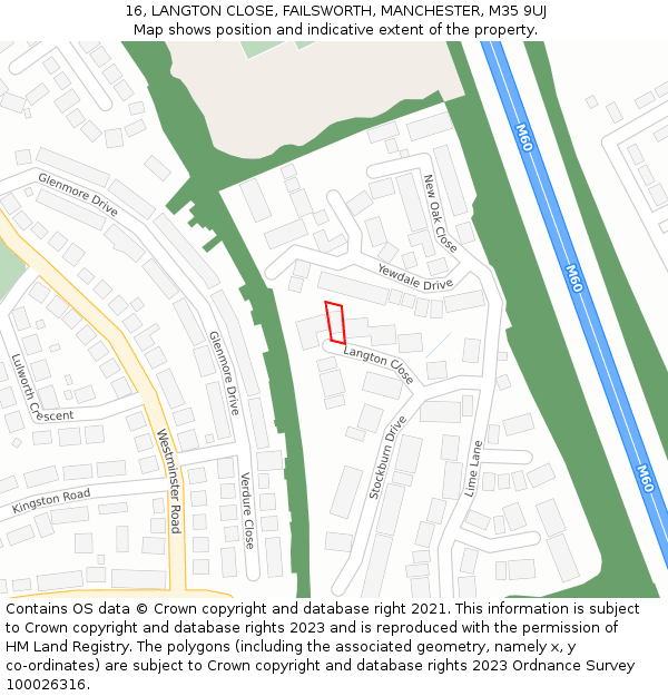 16, LANGTON CLOSE, FAILSWORTH, MANCHESTER, M35 9UJ: Location map and indicative extent of plot