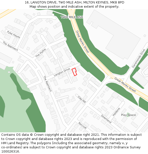 16, LANGTON DRIVE, TWO MILE ASH, MILTON KEYNES, MK8 8PD: Location map and indicative extent of plot