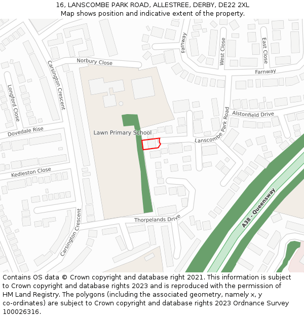 16, LANSCOMBE PARK ROAD, ALLESTREE, DERBY, DE22 2XL: Location map and indicative extent of plot