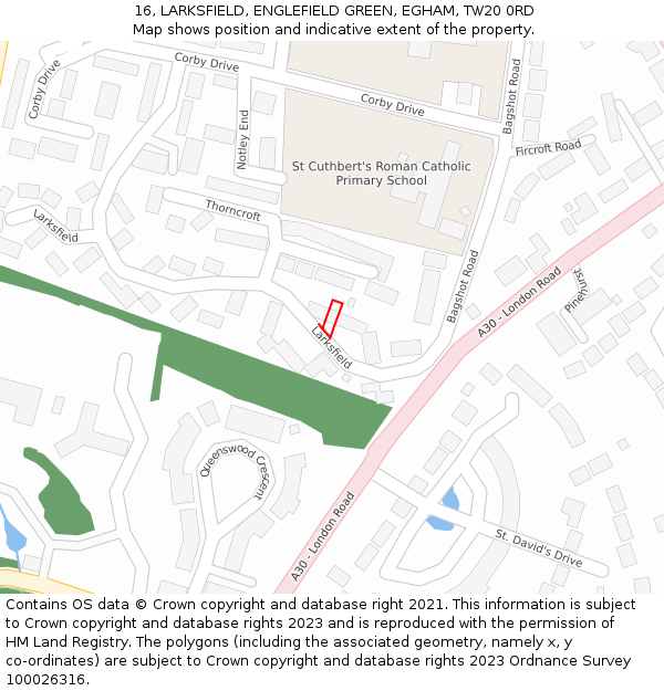 16, LARKSFIELD, ENGLEFIELD GREEN, EGHAM, TW20 0RD: Location map and indicative extent of plot