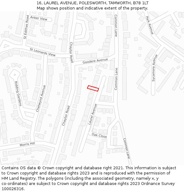 16, LAUREL AVENUE, POLESWORTH, TAMWORTH, B78 1LT: Location map and indicative extent of plot