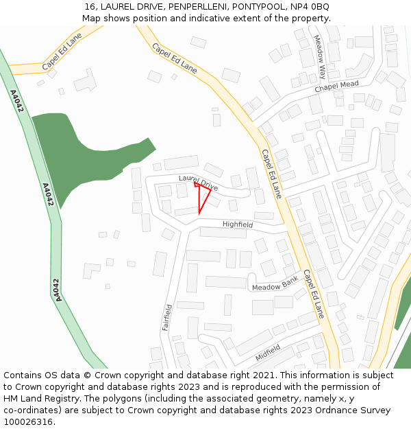 16, LAUREL DRIVE, PENPERLLENI, PONTYPOOL, NP4 0BQ: Location map and indicative extent of plot