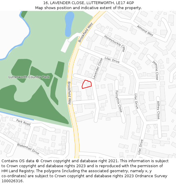 16, LAVENDER CLOSE, LUTTERWORTH, LE17 4GP: Location map and indicative extent of plot