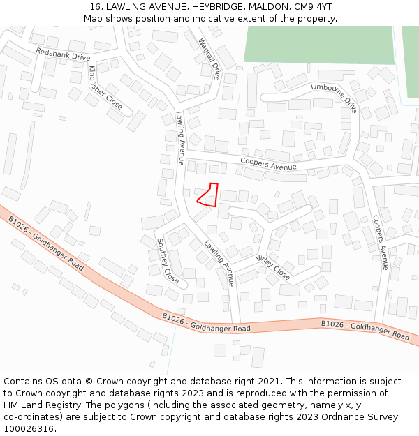 16, LAWLING AVENUE, HEYBRIDGE, MALDON, CM9 4YT: Location map and indicative extent of plot