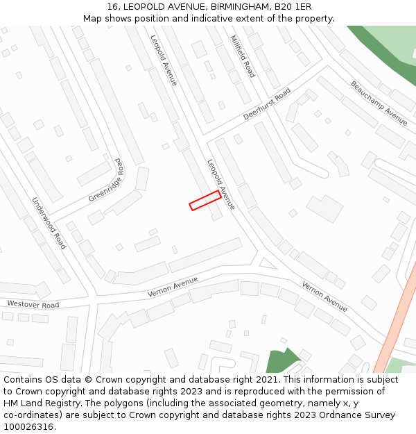 16, LEOPOLD AVENUE, BIRMINGHAM, B20 1ER: Location map and indicative extent of plot