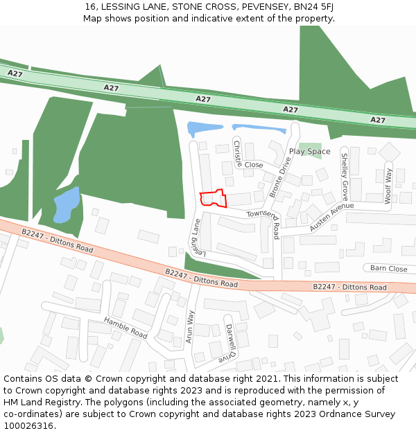 16, LESSING LANE, STONE CROSS, PEVENSEY, BN24 5FJ: Location map and indicative extent of plot