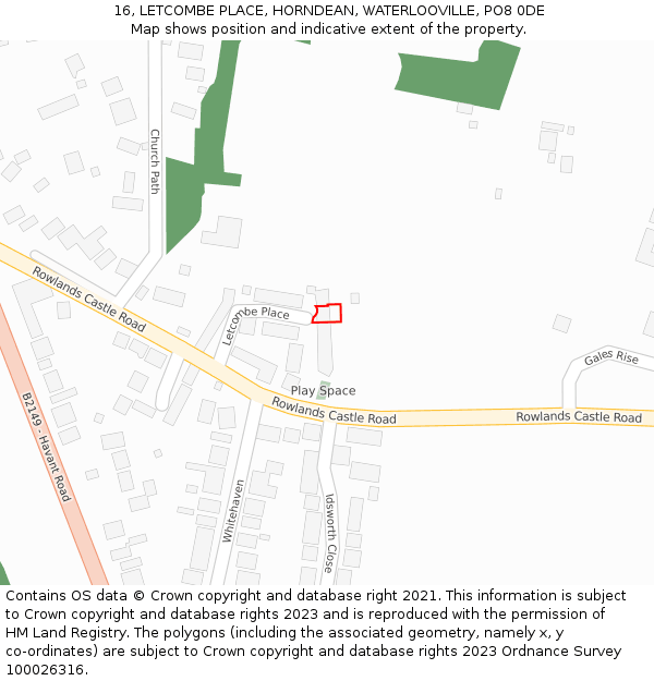 16, LETCOMBE PLACE, HORNDEAN, WATERLOOVILLE, PO8 0DE: Location map and indicative extent of plot