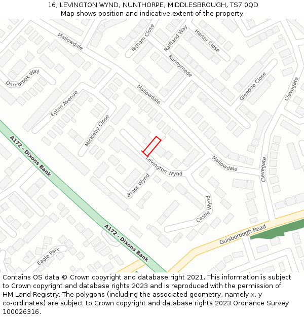 16, LEVINGTON WYND, NUNTHORPE, MIDDLESBROUGH, TS7 0QD: Location map and indicative extent of plot