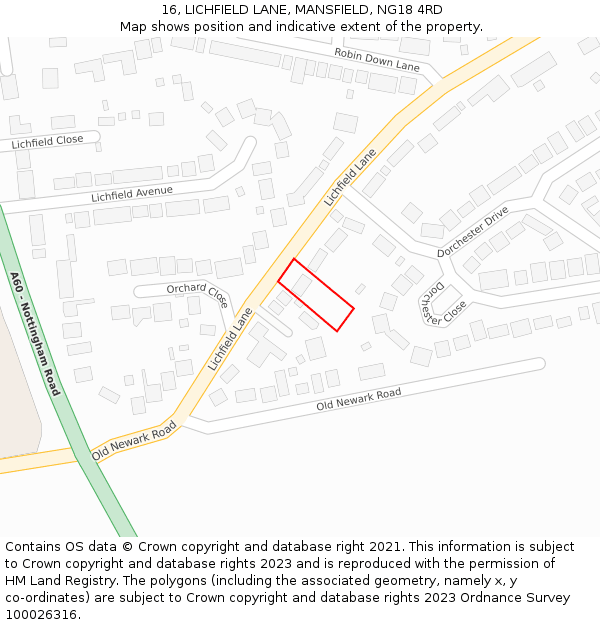 16, LICHFIELD LANE, MANSFIELD, NG18 4RD: Location map and indicative extent of plot