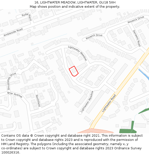 16, LIGHTWATER MEADOW, LIGHTWATER, GU18 5XH: Location map and indicative extent of plot