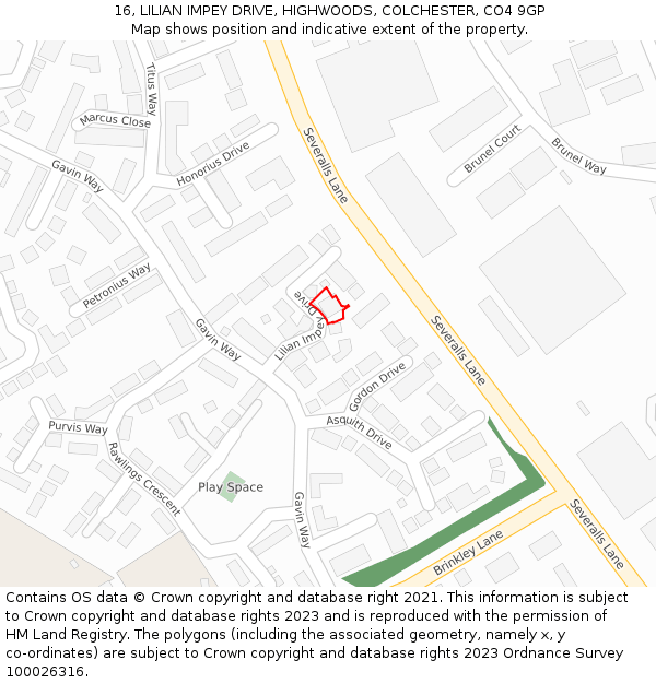 16, LILIAN IMPEY DRIVE, HIGHWOODS, COLCHESTER, CO4 9GP: Location map and indicative extent of plot