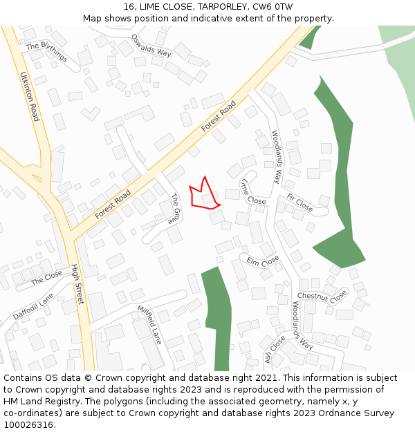 16, LIME CLOSE, TARPORLEY, CW6 0TW: Location map and indicative extent of plot