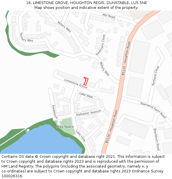 16, LIMESTONE GROVE, HOUGHTON REGIS, DUNSTABLE, LU5 5NE: Location map and indicative extent of plot