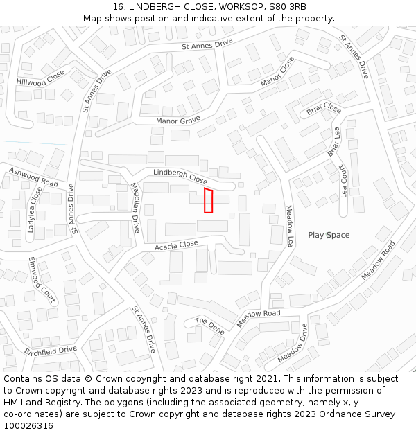 16, LINDBERGH CLOSE, WORKSOP, S80 3RB: Location map and indicative extent of plot