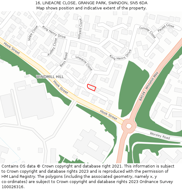 16, LINEACRE CLOSE, GRANGE PARK, SWINDON, SN5 6DA: Location map and indicative extent of plot