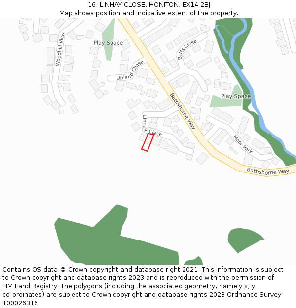 16, LINHAY CLOSE, HONITON, EX14 2BJ: Location map and indicative extent of plot