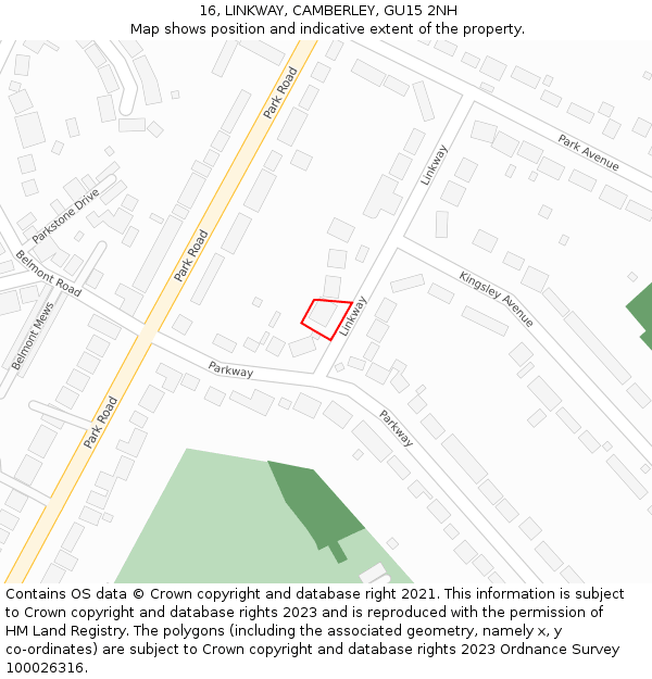 16, LINKWAY, CAMBERLEY, GU15 2NH: Location map and indicative extent of plot