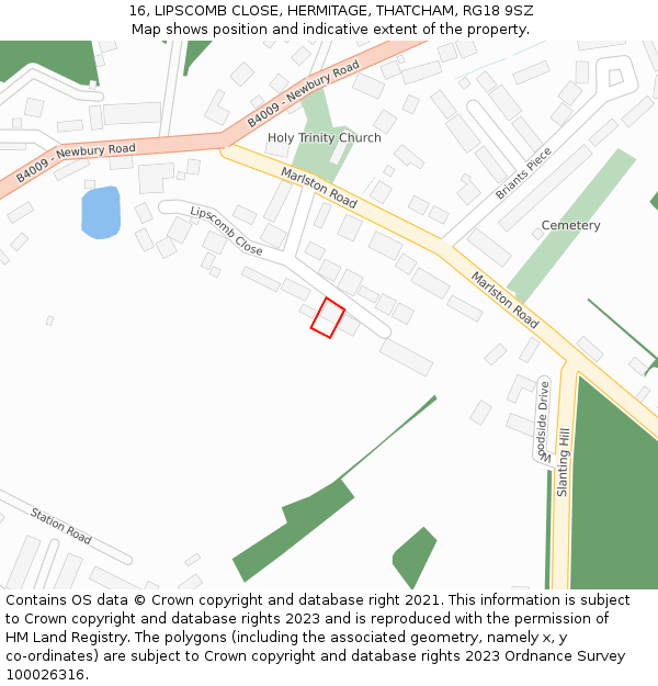 16, LIPSCOMB CLOSE, HERMITAGE, THATCHAM, RG18 9SZ: Location map and indicative extent of plot