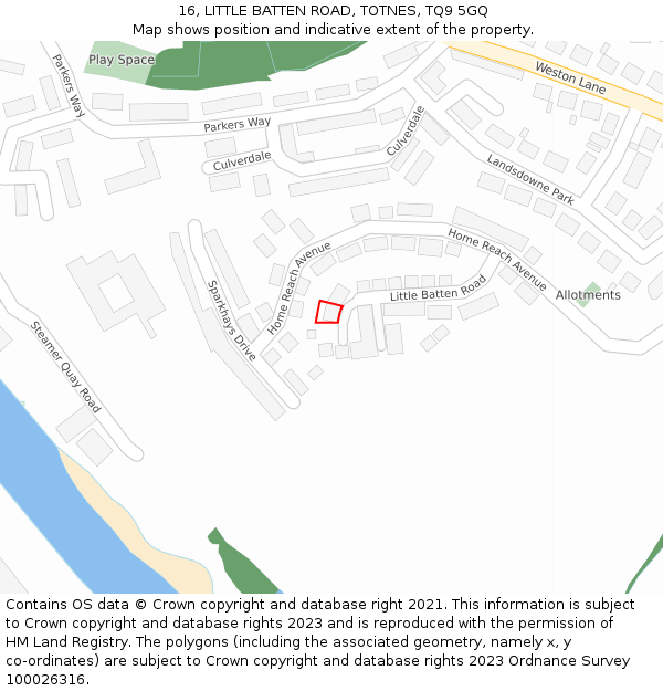 16, LITTLE BATTEN ROAD, TOTNES, TQ9 5GQ: Location map and indicative extent of plot