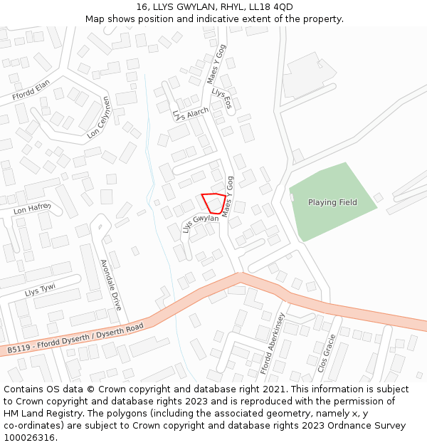 16, LLYS GWYLAN, RHYL, LL18 4QD: Location map and indicative extent of plot