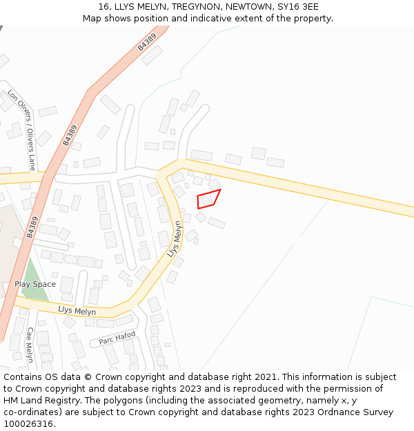 16, LLYS MELYN, TREGYNON, NEWTOWN, SY16 3EE: Location map and indicative extent of plot