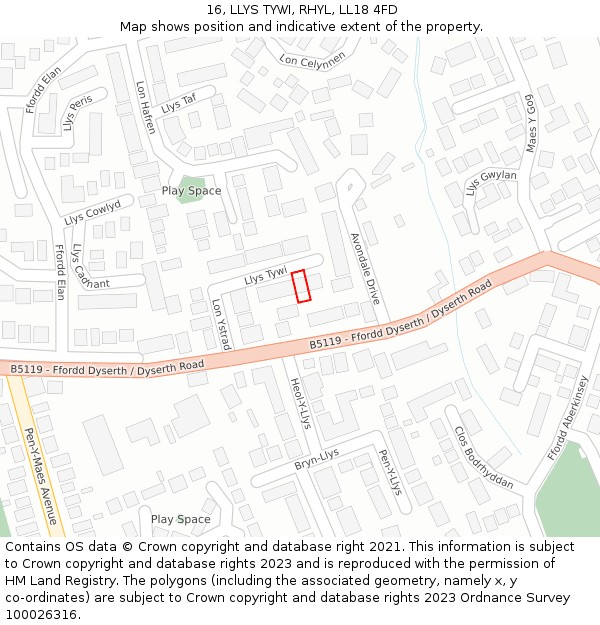 16, LLYS TYWI, RHYL, LL18 4FD: Location map and indicative extent of plot