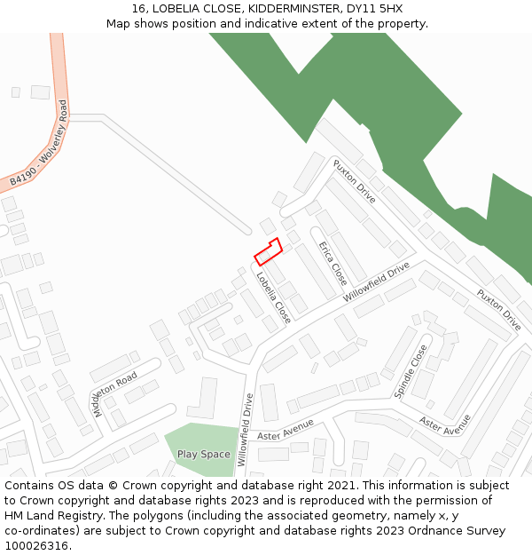 16, LOBELIA CLOSE, KIDDERMINSTER, DY11 5HX: Location map and indicative extent of plot