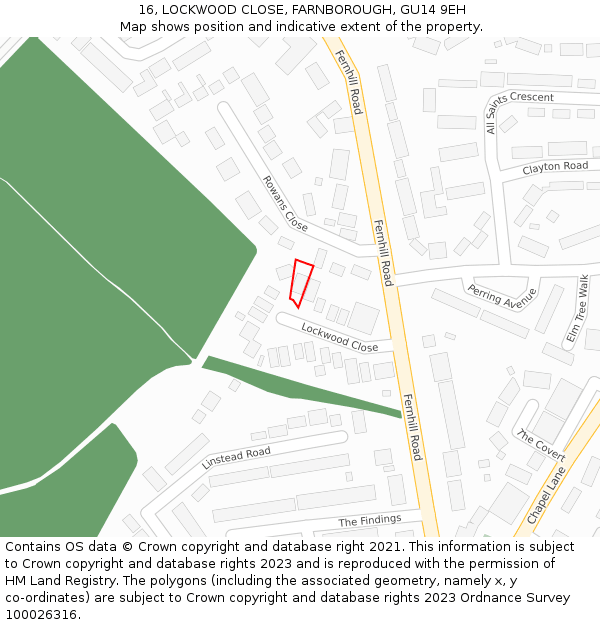16, LOCKWOOD CLOSE, FARNBOROUGH, GU14 9EH: Location map and indicative extent of plot