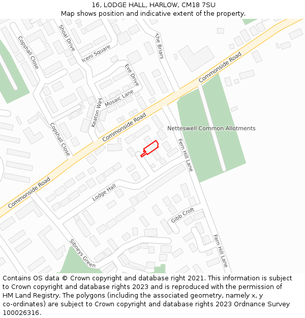 16, LODGE HALL, HARLOW, CM18 7SU: Location map and indicative extent of plot