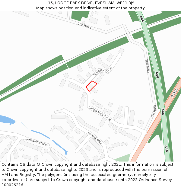 16, LODGE PARK DRIVE, EVESHAM, WR11 3JY: Location map and indicative extent of plot