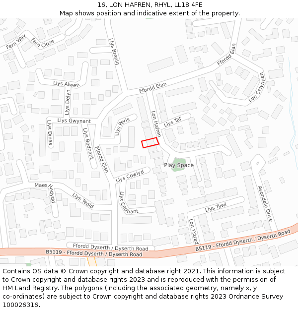 16, LON HAFREN, RHYL, LL18 4FE: Location map and indicative extent of plot