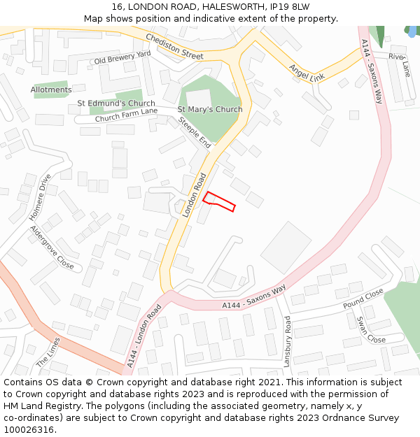 16, LONDON ROAD, HALESWORTH, IP19 8LW: Location map and indicative extent of plot