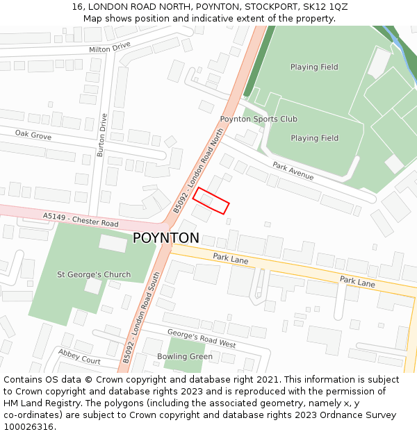 16, LONDON ROAD NORTH, POYNTON, STOCKPORT, SK12 1QZ: Location map and indicative extent of plot
