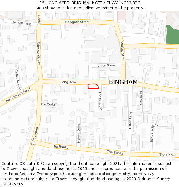 16, LONG ACRE, BINGHAM, NOTTINGHAM, NG13 8BG: Location map and indicative extent of plot