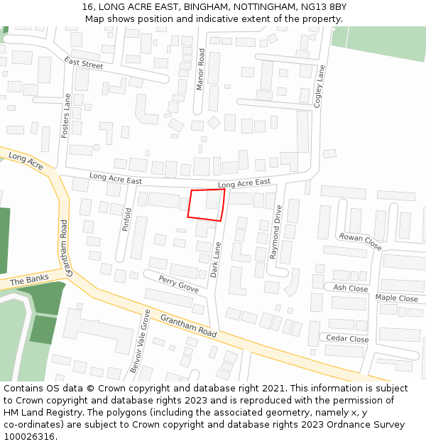 16, LONG ACRE EAST, BINGHAM, NOTTINGHAM, NG13 8BY: Location map and indicative extent of plot