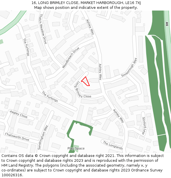 16, LONG BRIMLEY CLOSE, MARKET HARBOROUGH, LE16 7XJ: Location map and indicative extent of plot