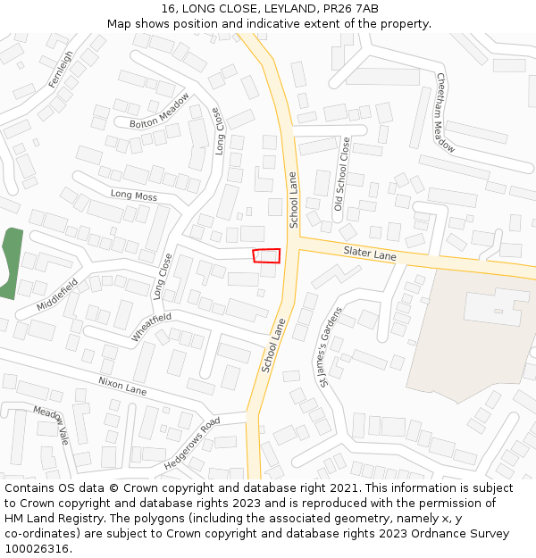 16, LONG CLOSE, LEYLAND, PR26 7AB: Location map and indicative extent of plot