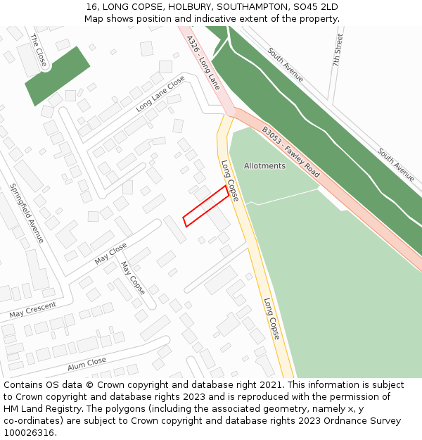 16, LONG COPSE, HOLBURY, SOUTHAMPTON, SO45 2LD: Location map and indicative extent of plot
