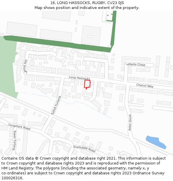 16, LONG HASSOCKS, RUGBY, CV23 0JS: Location map and indicative extent of plot