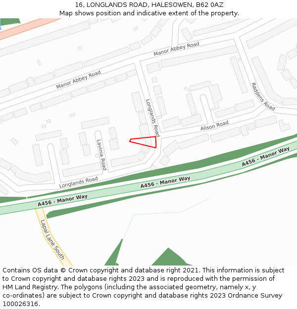 16, LONGLANDS ROAD, HALESOWEN, B62 0AZ: Location map and indicative extent of plot
