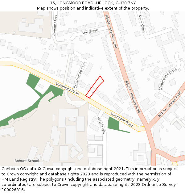 16, LONGMOOR ROAD, LIPHOOK, GU30 7NY: Location map and indicative extent of plot