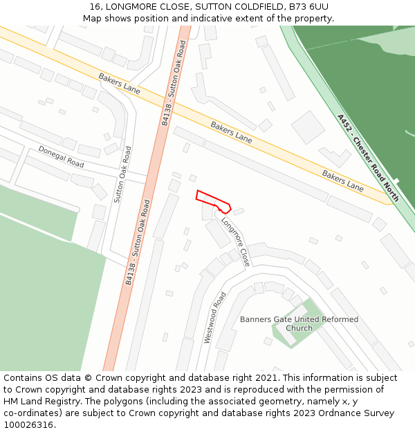 16, LONGMORE CLOSE, SUTTON COLDFIELD, B73 6UU: Location map and indicative extent of plot
