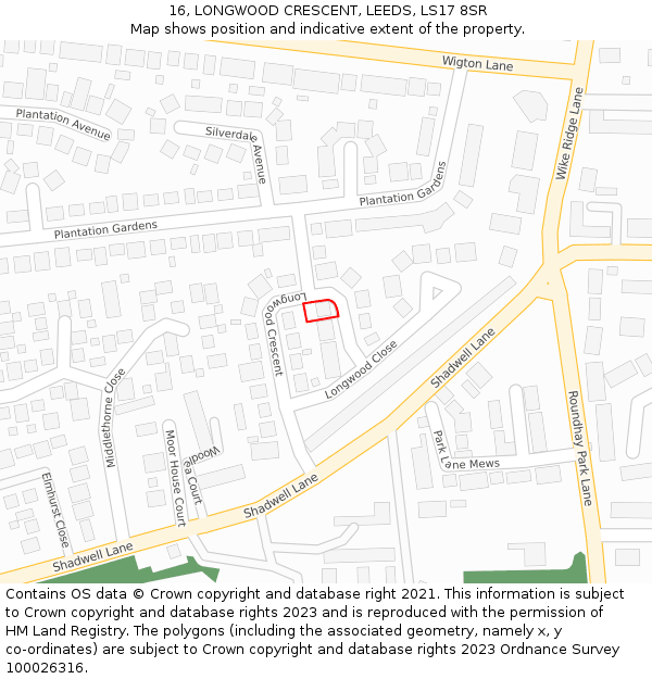 16, LONGWOOD CRESCENT, LEEDS, LS17 8SR: Location map and indicative extent of plot