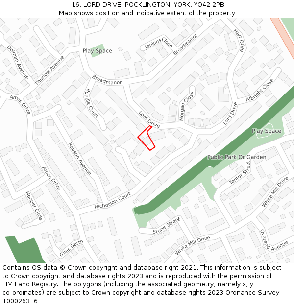 16, LORD DRIVE, POCKLINGTON, YORK, YO42 2PB: Location map and indicative extent of plot
